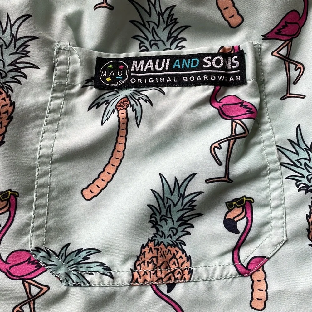 💙 Maui and Sons Board Shorts Swim Trunks Retro Surf Pineapple Mint Green - Picture 3 of 7